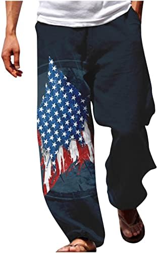 גברים של כותנה פשתן חוף מכנסיים 4 יולי אמריקאי דגל יוגה מכנסיים אלסטי מותניים שרוך מכנסיים פטריוטית רצים