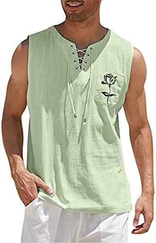 XXBR Mens כותנה פשתן חולצות ללא שרוולים שרוך מגרש נ 'צוואר גופיות הדפסת ורדים רגועים כושר חוף היפי אפוד מזדמן