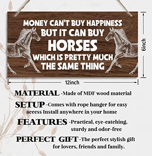 סימן עיצוב עץ עם נושא סוס, כסף לא יכול לקנות אושר אבל הוא יכול לקנות סוסים, תליית עיצוב לוח עץ מודפס, יצירות אמנות קיר סוסים מצחיקות, שלט עיצוב משרד ביתי, מתנה לנשי בנות 12x 6 אינץ '