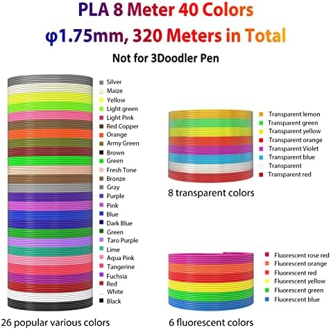 נימה עט תלת מימדית 320 מטר, 40 צבעים ， כל צבע 8 מטרים, 250 סטנסילס ספרים אלקטרוניים - דפוס תלת מימד עט PLA נימה 1.75 ממ, רק קוטר דיוק גבוה וילדים בטוחים