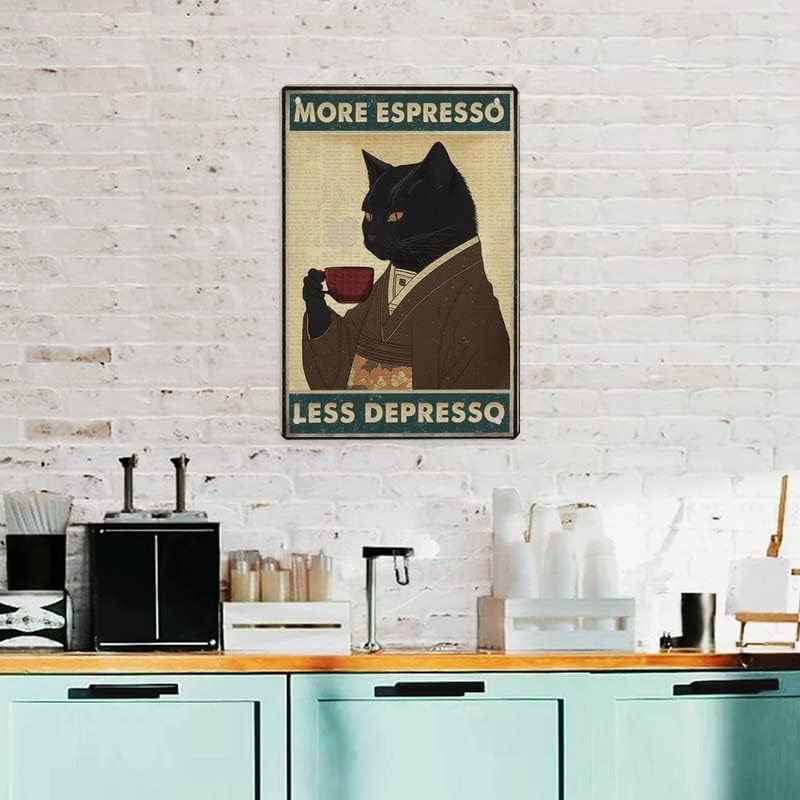 בציר שחור חתול קפה פוסטר יותר אספרסו פחות אספרסו קיר סימן חידוש מתכת פח סימן בית בציר אמנות דקור ברזל ציור 8 * 12 אינץ