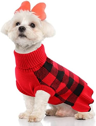 סוודר חיות מחמד של קוזון לכלבים/חתולים קטנים ובינוניים, שמלת סוודר סוודר כלבים באפלו משובץ מגשר סריג, סריגים צו -צב מחמד עם חור רצועה למזג אוויר קר אדום M