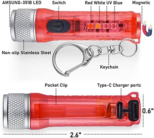 פנסים של מחזיק מפתחות מיני אור לומן גבוה אור מקשים אור 650lm EDC פנס, 11 מצבים לדיג לילה, הליכה של כלבים, פעילויות בחוץ, תאורת מנגל, אור קריאה, פנס נטען אדום
