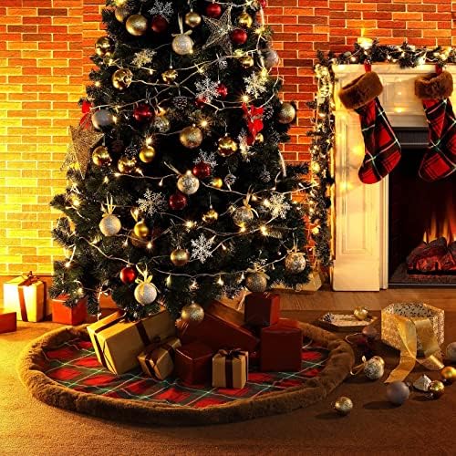 אושר נעים 48 אינץ 'חצאית עץ חג המולד פרווה פרווה, 1 pcs פרווה פרווה קישוטי חג המולד לקישוטים למסיבת חג השנה החדשה （משובץ באפלו אדום וירוק）