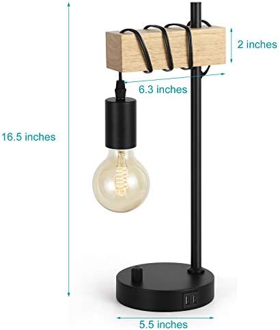 JS Nova Juns מנורת שולחן תעשייתי, מנורת שידת לילה ליד המיטה עם 2 נמלי טעינה USB, מנורת שולחן וינטג 'עם עץ מלא למשרד סלון לחדר שינה