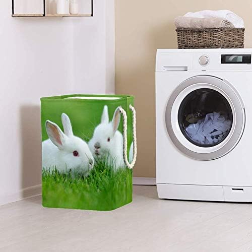 ארנב לבן מצחיק לבנים בעשב דשא 300D אוקספורד PVC בגדים אטומים למים פוגע סל כביסה גדול לשמיכות צעצועי בגדים בחדר השינה