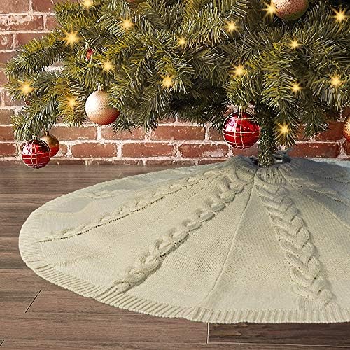 חצאית עץ חג המולד סרוגה של לימברידג ', 48 אינץ' סרוג קישוטי חג מולד כפריים סרוגים, לקישוט חג חג המולד, שמנת