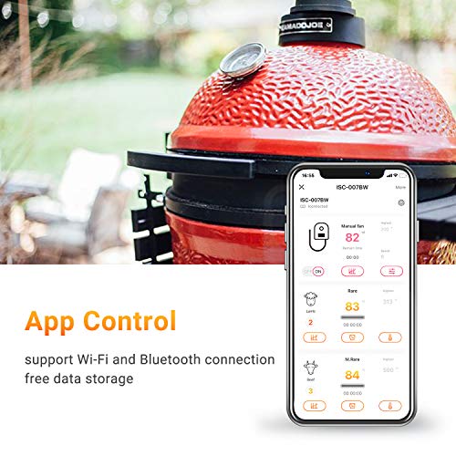 INKBIRD WIFI Bluetooth BBQ Controller טמפרטורה ISC-007BW, מדחום גריל של מבקר מאוורר מעשן אוטומטי עם 3 בדיקות לביצה ירוקה גדולה, קמאדו ג'ו, וובר, פרימו, ויז'ן גריל, אקורן קמדו