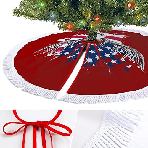 ציד צבי ארהב דגל אמריקאי חצאית עץ חג המולד אדומה חצאית עץ חג המולד עגול עם קצה מצויד לקישוטי חצר חיצוניים מקורה