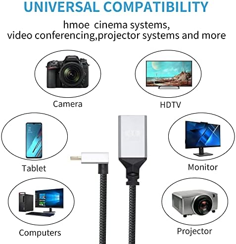 Riieyoca 4K Mini HDMI לכבל מתאם HDMI, 90 מעלות זווית מיני HDMI זכר ל- HDMI אלומיניום נשי כבל קלוע ניילון קצר, תומך 4K UHD, עבור ניידים, מקרן, טלוויזיה, צג, מקדמות