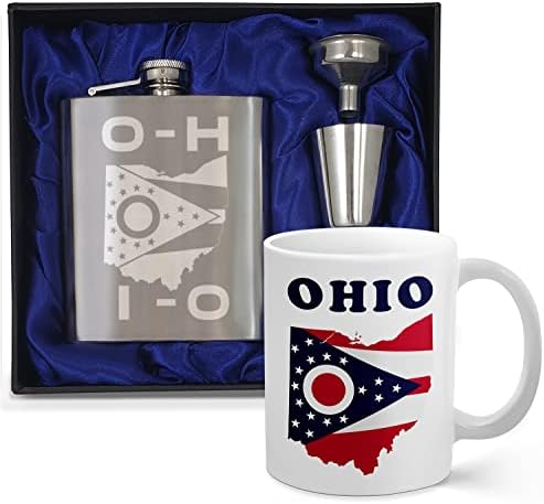 אוהיו מתנה צרור / 7 עוז מלבני בקבוק מתנת סט חקוק + 11 עוז קרמיקה קפה ספל עם מדינת אוהיו דגל