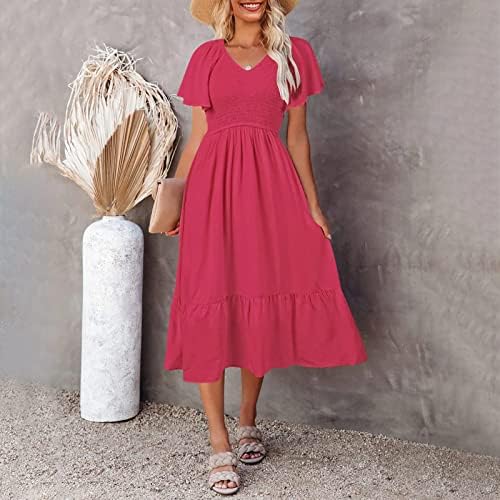 שמלות קיץ לנשים מזדמן שרוול קצר v צווארון v שמלת Midi שמלת גבירותיי אופנה שמלת חוף נדנדה זורמת