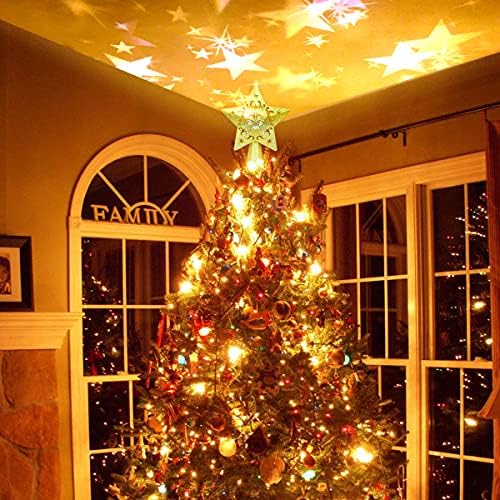 טופרים של עץ חג המולד של יינגג עם מקרן פתית שלג מוארים קישוטי חג המולד כוכב נוצץ זהב נוצץ אור לילה אור לעיצוב עץ חג המולד