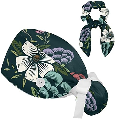 מתכוונן פרחוני פרח עם כהה ירוק רקע דפוס נפוח כובע עם כפתורים לשפשף כובע