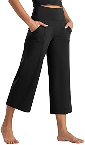 נשים טרקלין יוגה קפריס מכנסיים בוטלג בטן שליטה גבוהה מותניים אימון התלקחות יבול מכנסיים עם כיסים