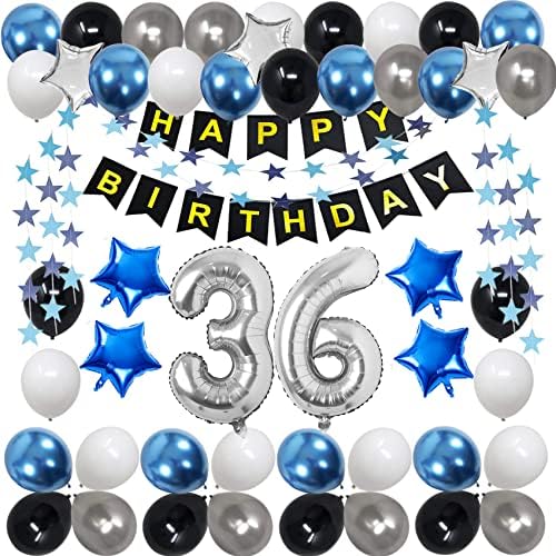 RBYOO קישוטי יום הולדת 36 לגברים נשים, כחול שחור שמח 36 אספקת בלונים של מסיבת יום הולדת כולל מספר 36 בלון יום הולדתו של יום הולדת בן 36 יום הולדת בן 36