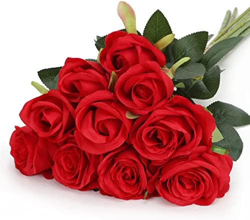 CEWOR 10 יחידות ורדים מלאכותיים עם גבעולים ורדים אדומים קישוטים פרחים מזויפים לאמהות יום כלות מפלגת חתונה עיצוב הבית תפאורה