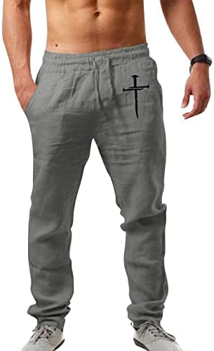 מכנסיים מזדמנים של XXBR מכנסיים כותנה פשתן קיץ מותניים אלסטיים משיכת מכנסי יוגה באורך מלא מכנסי חוף הדפסים צולבים