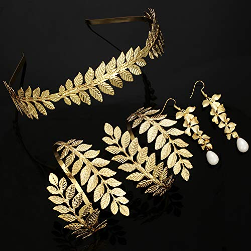 וילבונד 15 חתיכות יווני תלבושות צמיד, זהב עלים כלה כתר סרט, פרל עגילי שיער סיכות