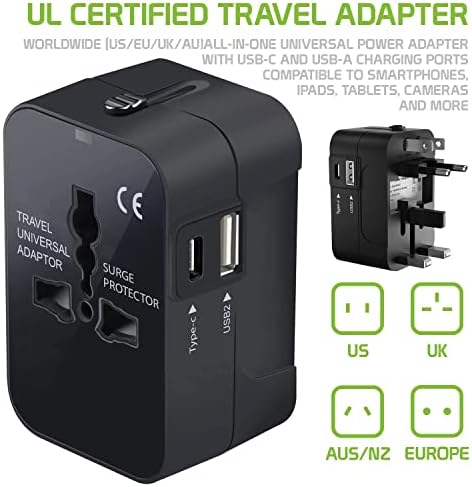 Travel USB פלוס מתאם כוח בינלאומי התואם ל- LG L35 עבור כוח עולמי לשלושה מכשירים USB Typec, USB-A לנסוע בין ארהב/איחוד האירופי/AUS/NZ/UK/CN