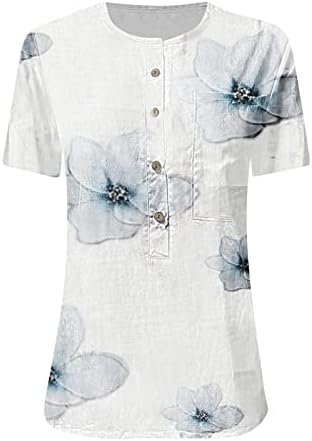 נשים חולצות קיץ, נשים 1/2 כפתור עד חולצות פרח הדפסה קצר שרוול הנלי חולצה מזדמן רופף בכושר חולצה
