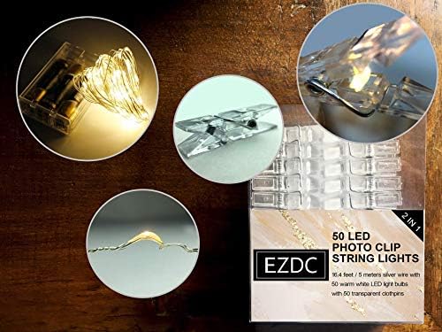 EZDC 50 LED CLIP CLIP אורות מיתר, אורות פיות עם קליפים, אורות עם קליפים לתמונות, אורות פולארויד עם קליפים לחדר שינה ולקישוט חדר מעונות