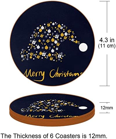 תחתיות שתייה, סטים של רכבת עור של 6, הגנה על שולחן השולחן, לשולחן עץ, עיצוב בית מגניב, דפוס כובע זהב של חג שמח