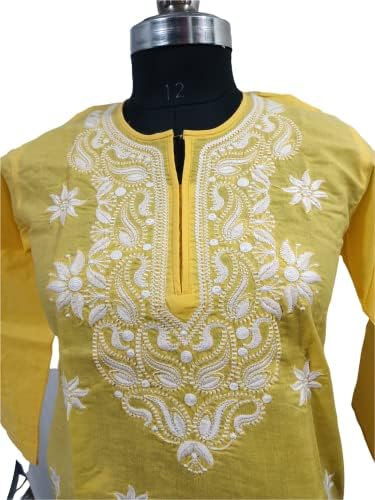 נשים כותנה צ'יקנקארי קורטה קשמירי מעצבת שמלת כותנה של קורטי בעבודת יד. צהוב