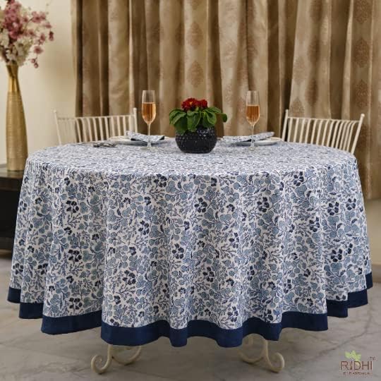 שפת שולחן כותנה כחולה של רידי ג'ינס לקישוט שולחן מטבח מקלטים אירועי פיקניק מסיבות חתונות בלוק דפוס מפות עגולות