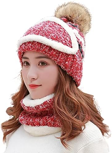 נשים כובעי כפה חורפית צעיף ומסכה מוגדרים סרוג חם סרוג פם מרופד כובעי כובעי גולגולת שלג חמים יותר לנשים